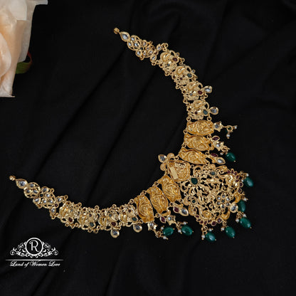 92.5 silver Lakshmi Devi with peacock design necklace with green beads hangings-RCMB043