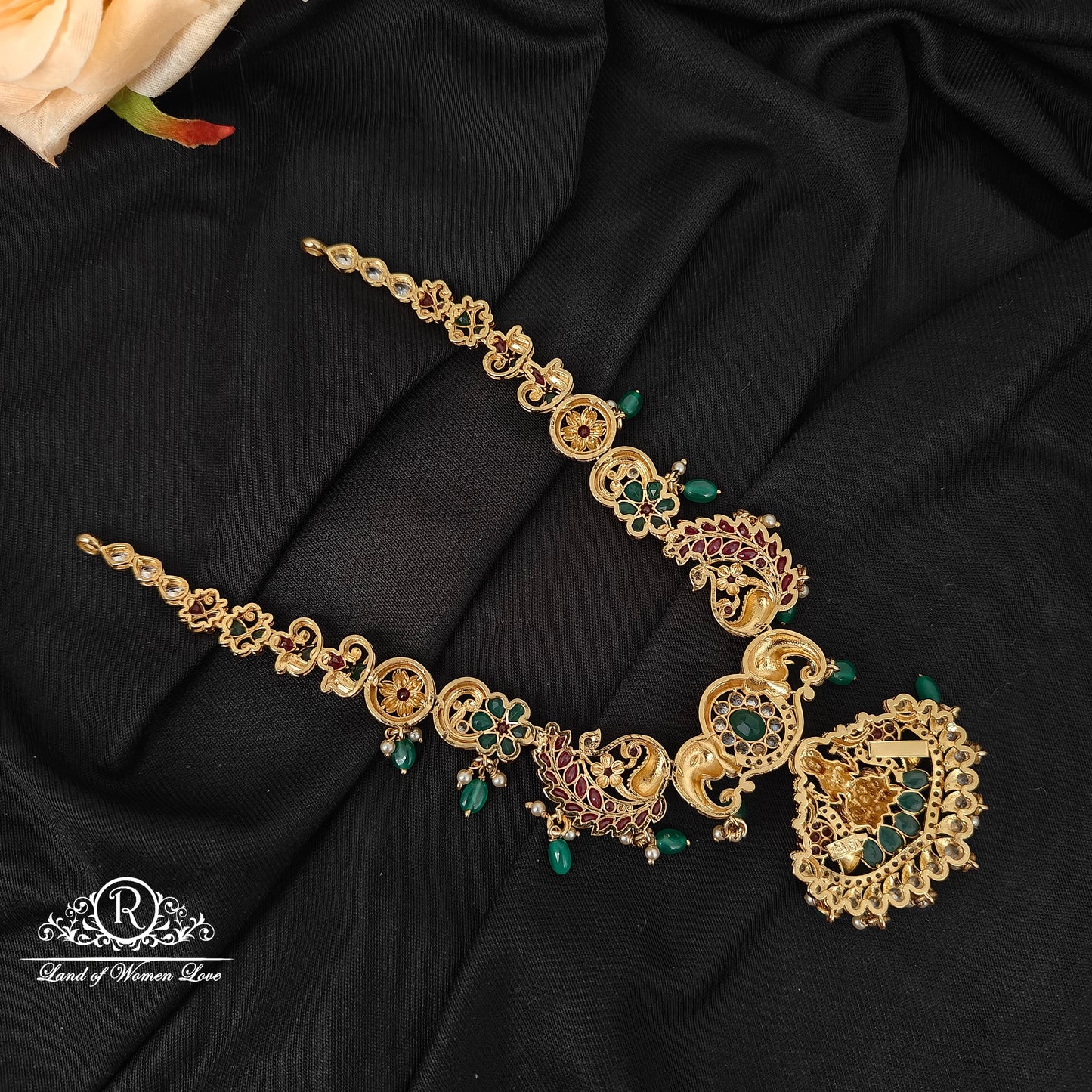 92.5 silver Lakshmi Devi with peacock design necklace with green beads hangings-RCMB042