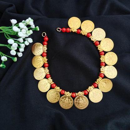 92.5 silver Lakshmi design kasu beads mala with corals -RCH1326