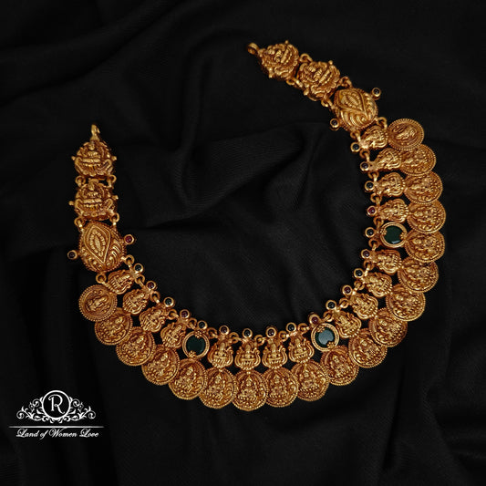 92.5-SILVER LAKSHMI DEVI WITH PEACOCK DESGIN KASU NECKLACE-RCZ969