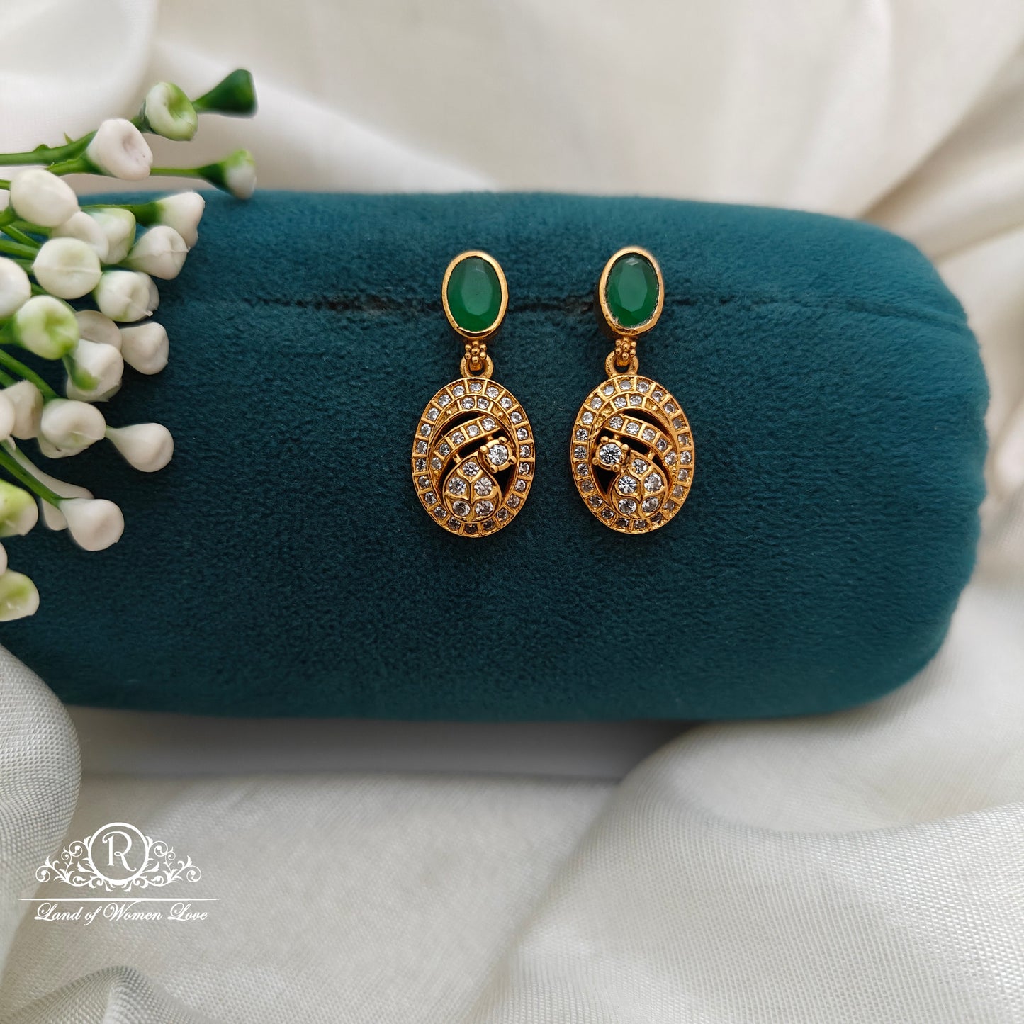 92.5 Silver Green and White Stone  Earrings-RCR040