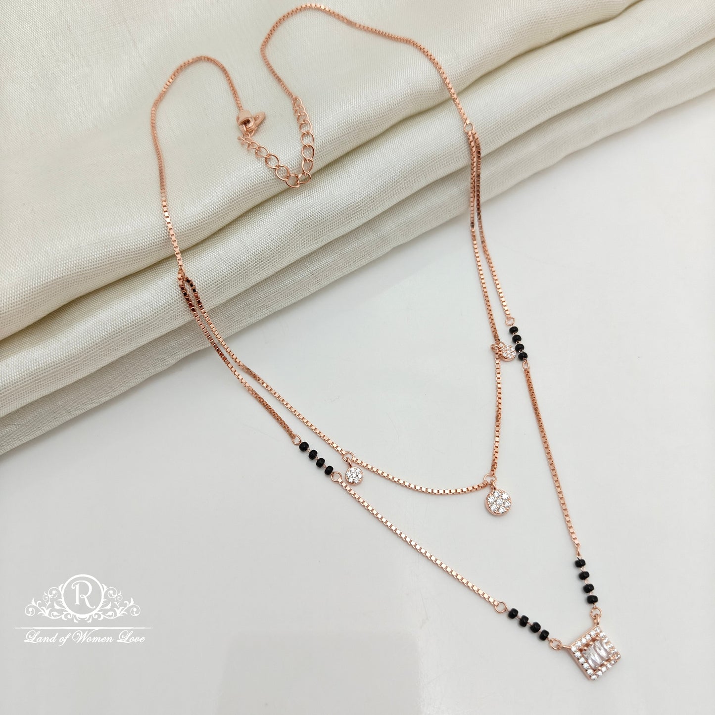 92.5 Silver Rose Gold Polish  Black Beads Chain-RCSS012