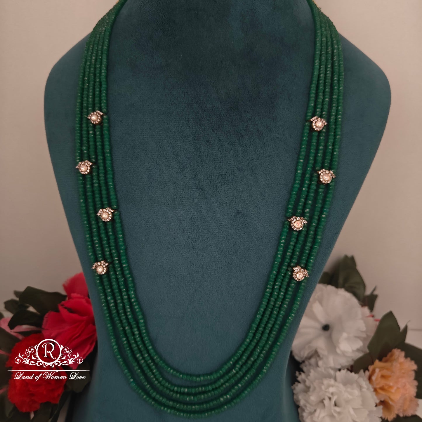 92.5 silver green beads mala with victorian side lockets-RCH1109