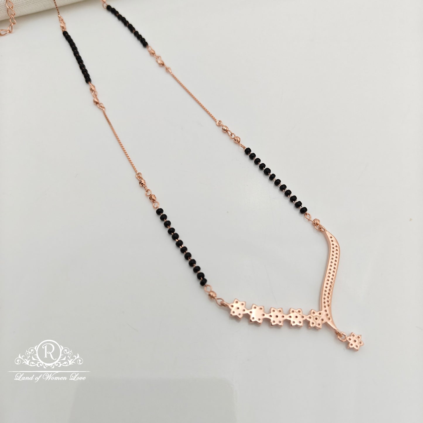 92.5 Silver Rose Gold Polish  Black Beads Chain-RCSS003