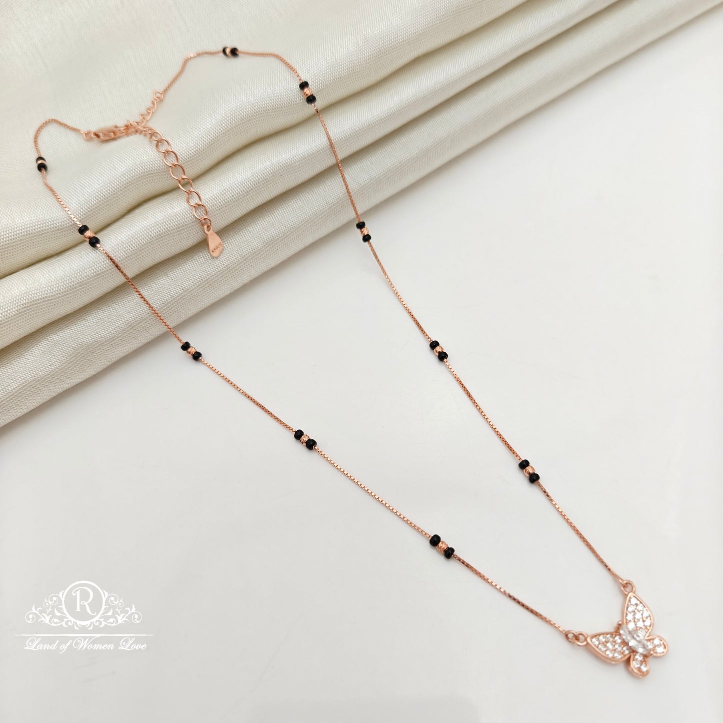 92.5 Silver Rose Gold Polish  Black Beads Chain-RCSS001