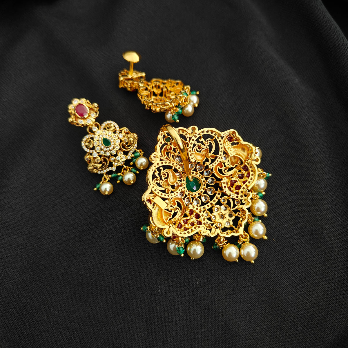 92.5 silver  pachi work peacock design pendant with earrings set-RCMB060