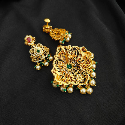 92.5 silver  pachi work peacock design pendant with earrings set-RCMB060