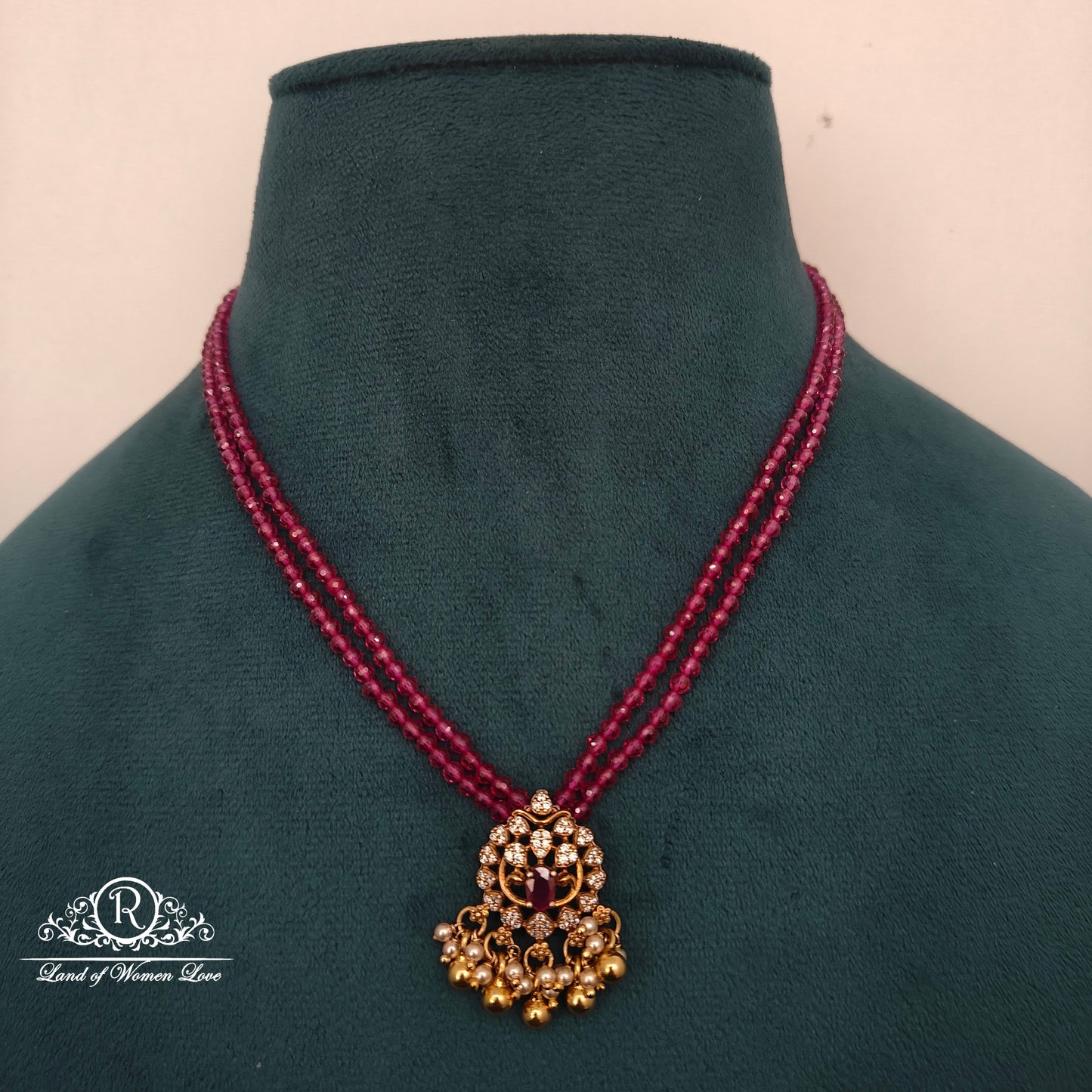 92.5 Silver ruby beads chain with locket -RCH1219