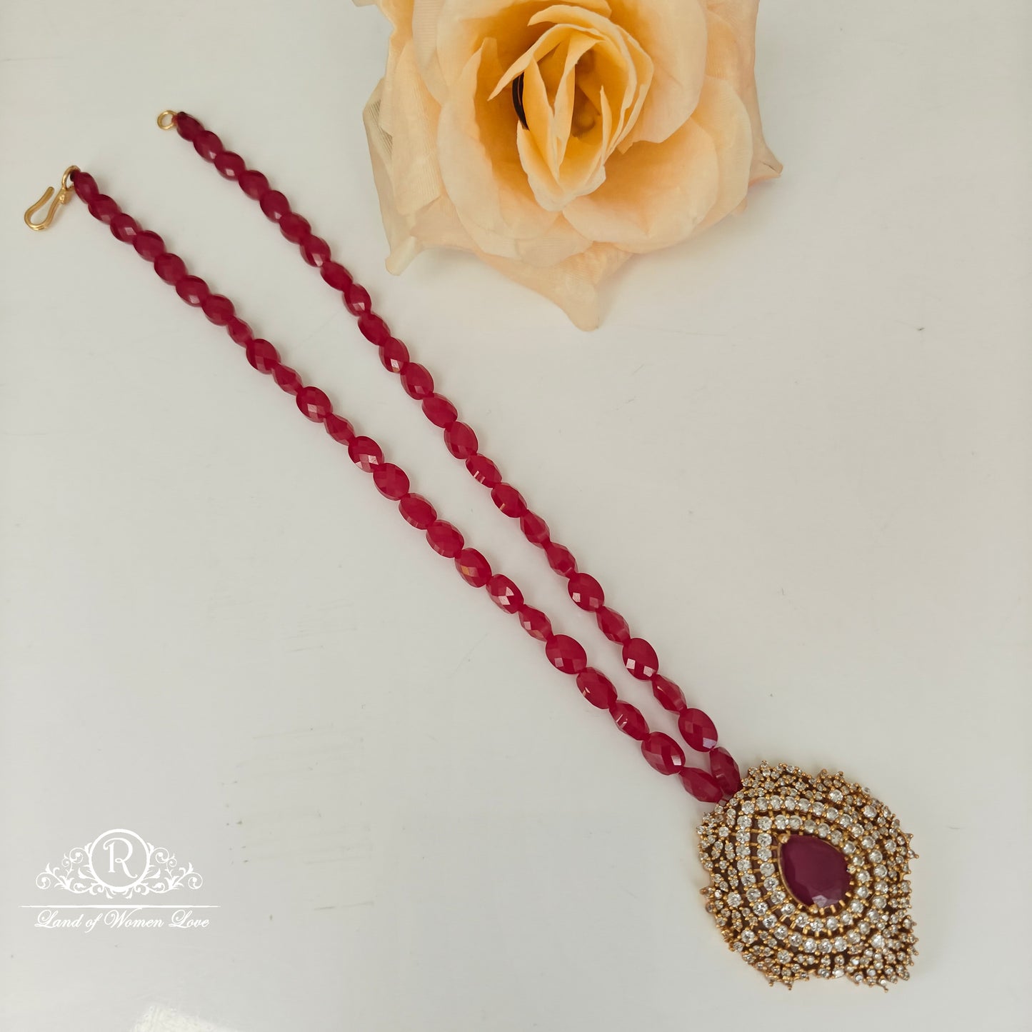92.5 Silver White stone locket with ruby beads chain-RCH1203