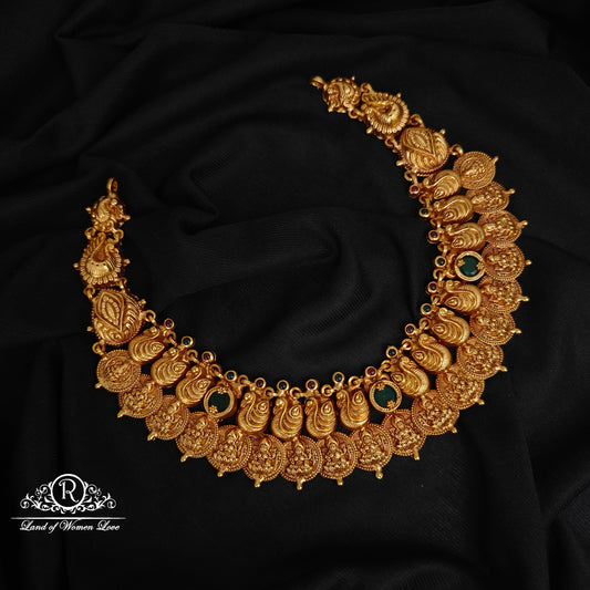 92.5-SILVER LAKSHMI DEVI WITH PEACOCK DESGIN KASU NECKLACE-RCZ968