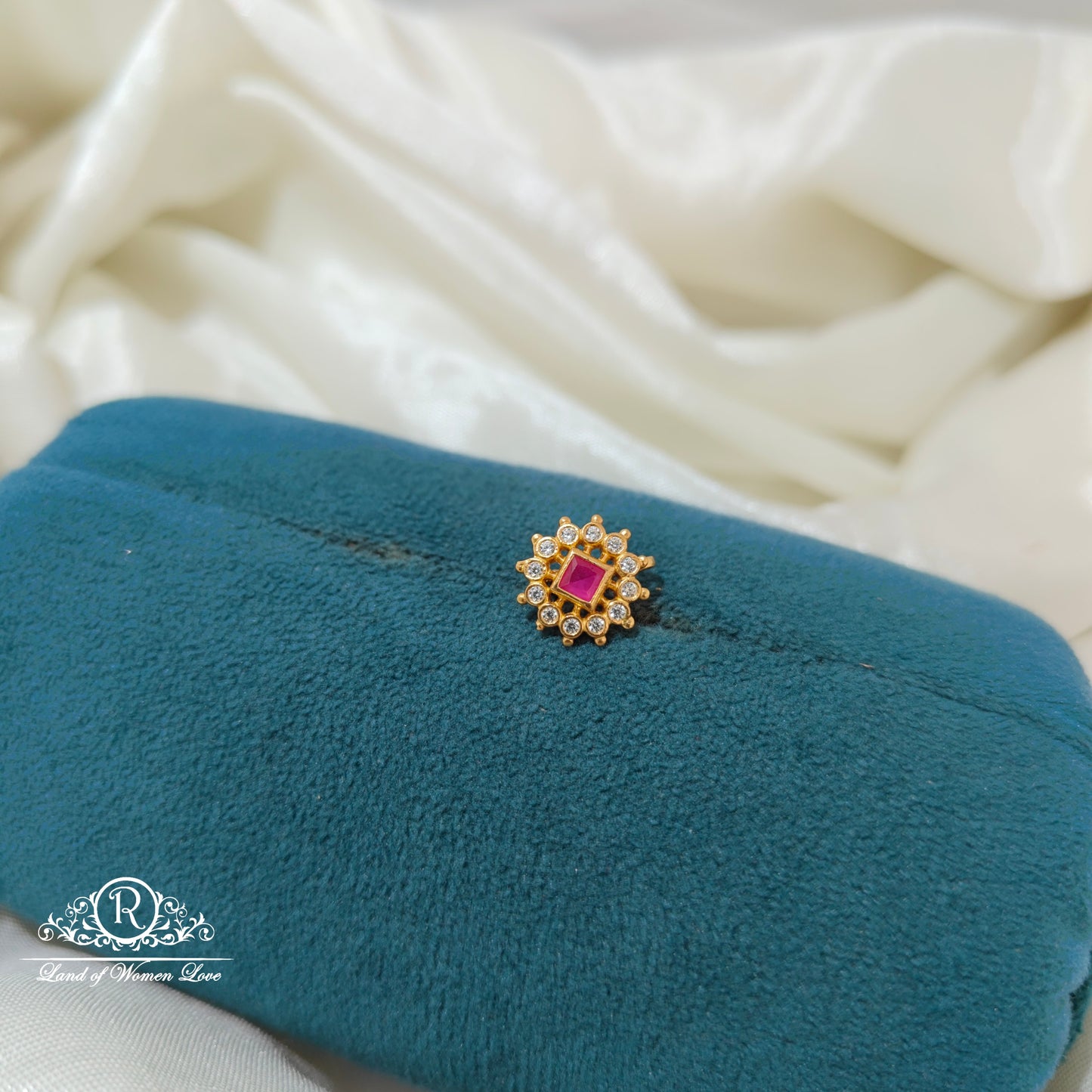 92.5 Silver flower design with ruby stone nosepin-RCR095