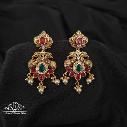 92.5 silver ruby stone chandbali earrings  with pearls hangings-RCMB053