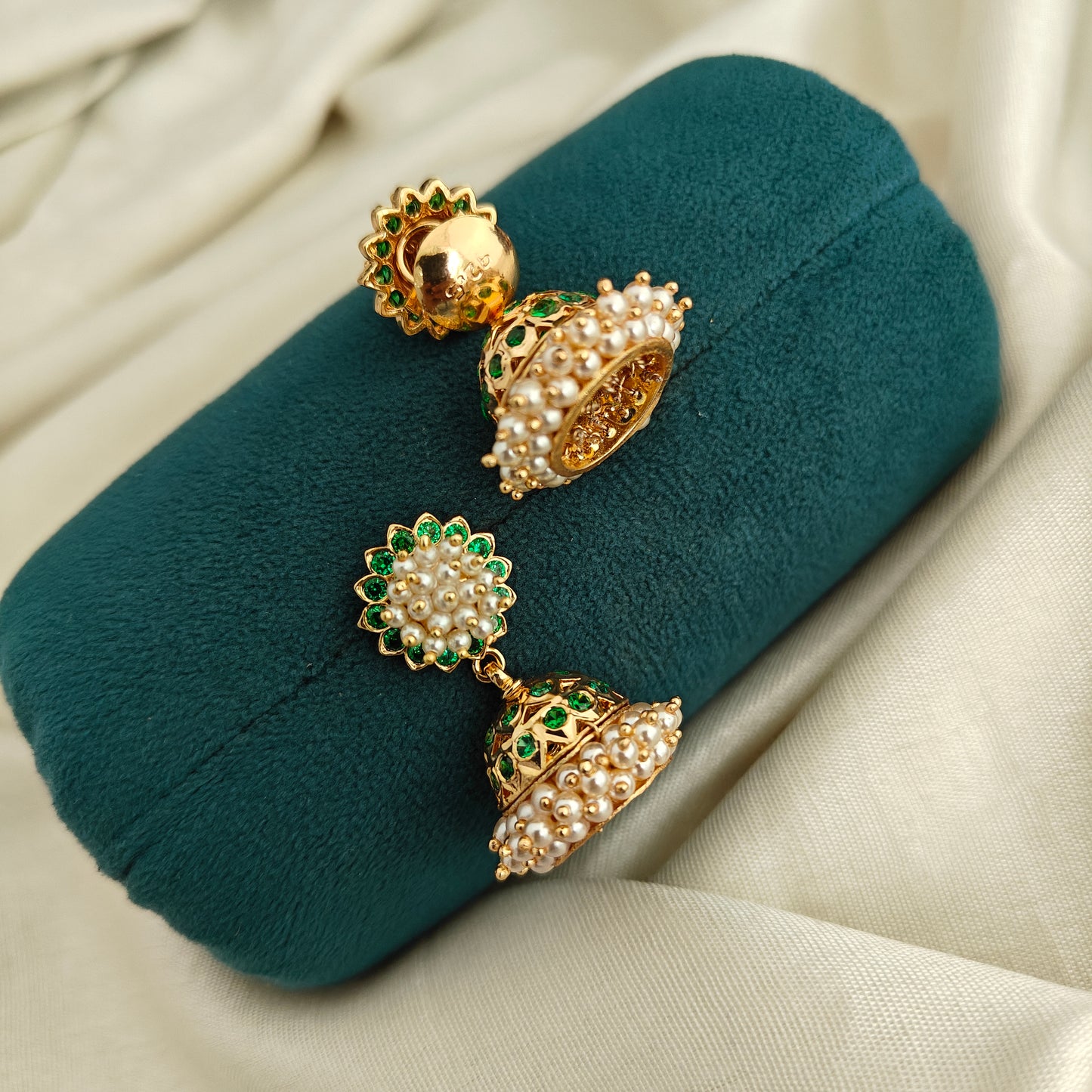 92.5 silver Earrings with hand made jewellery and green stones -RCK349
