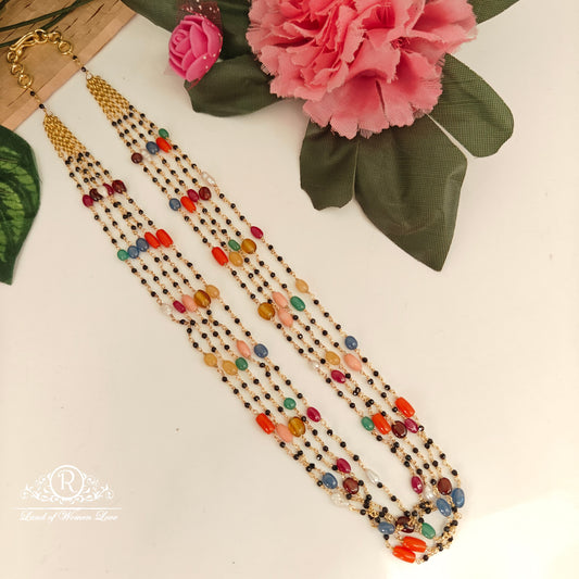 92.5-SILVER NAVARATNA BLACK BEADS CHAIN-RCNJ059
