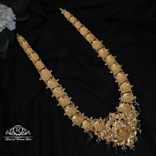 92.5 SILVER LAKSHMI DEVI HARAM WITH GREEN BEADS HANGING-RCHD011