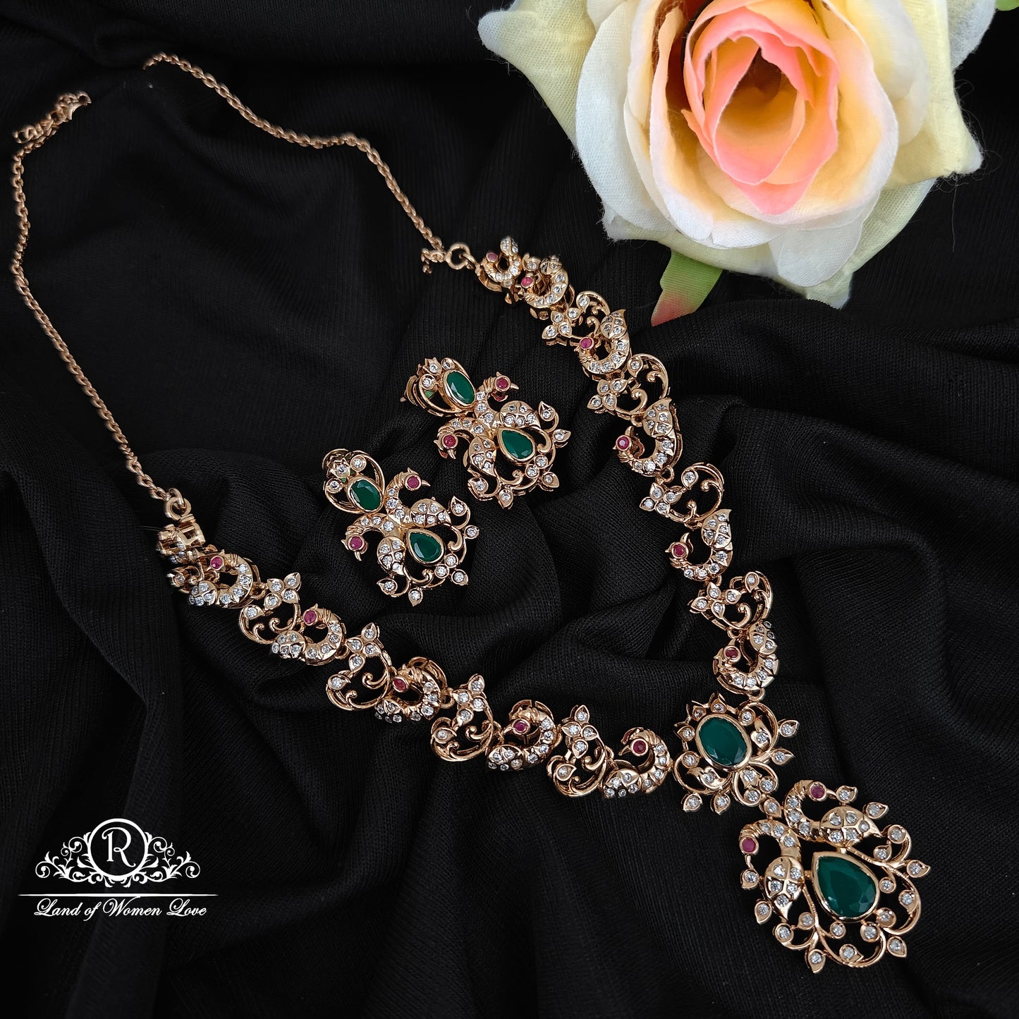 92.5 silver rose gold polish peacock design necklace with earrings set -RCP239