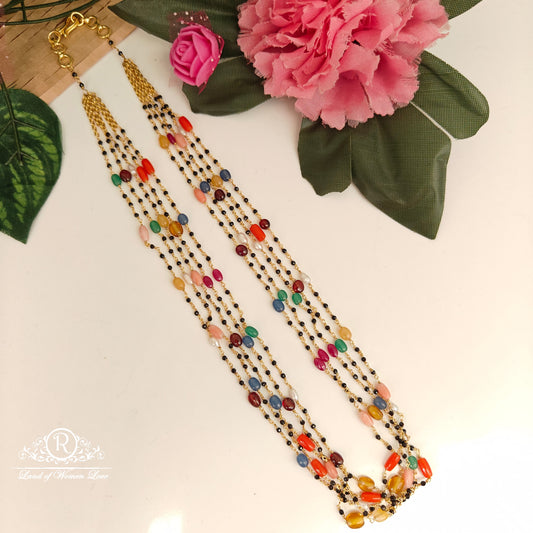 92.5-SILVER NAVARATNA BLACK BEADS CHAIN-RCNJ057