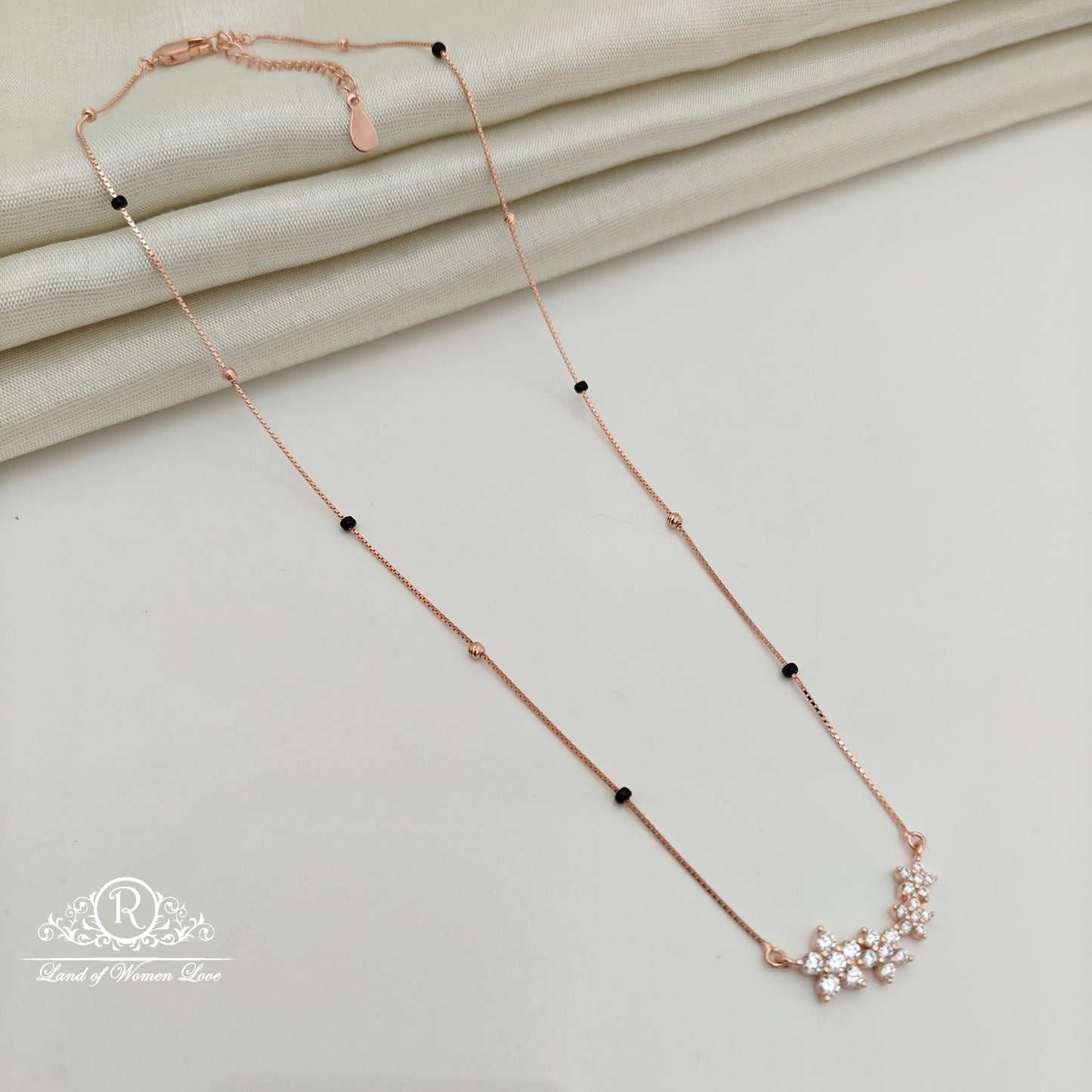 92.5 Silver Rose Gold Polish  Black Beads Chain-RCSS007
