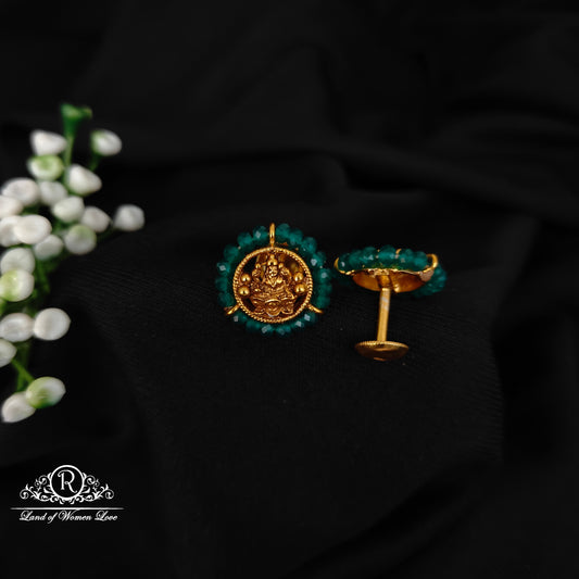 92.5 SILVER GREEN BEADS WITH LAKSHMI DEVI ROUND STUDS-RCJR1090