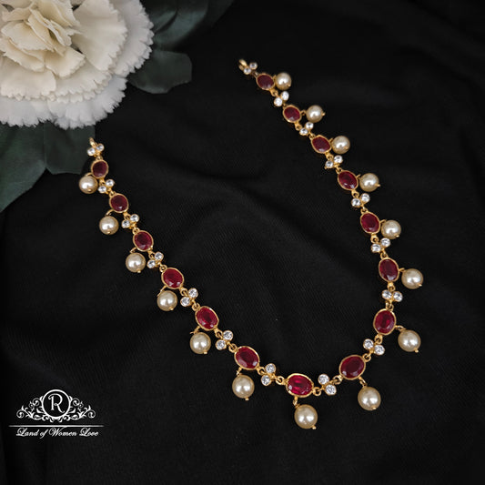Silver Kempu Stones With Pearls Necklace-D023
