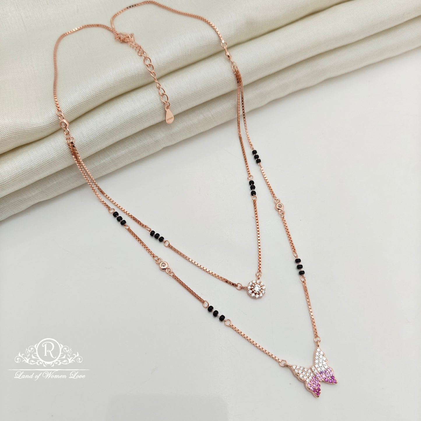 92.5 Silver Rose Gold Polish  Black Beads Chain-RCSS011