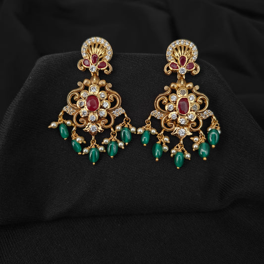 92.5 silver ruby stone chandbali earrings  with green hangings-RCMB051