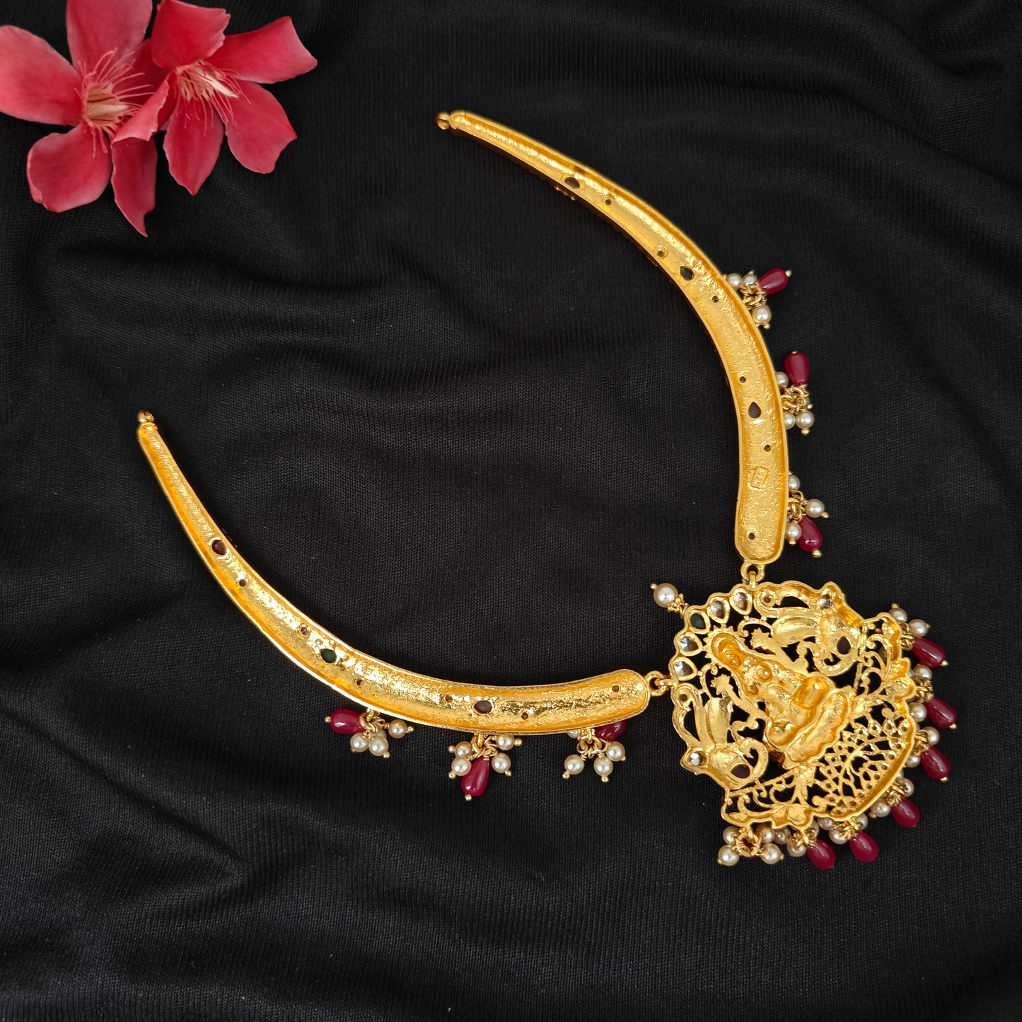 92.5 silver Lakshmi Devi design kante with ruby and pearls hangings-RCJR1153