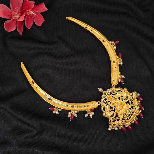 92.5 silver Lakshmi Devi design kante with ruby and pearls hangings-RCJR1153