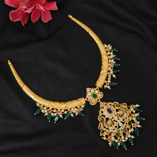 92.5 silver flower design kante with and green beads and pearls hangings-RCJR1156