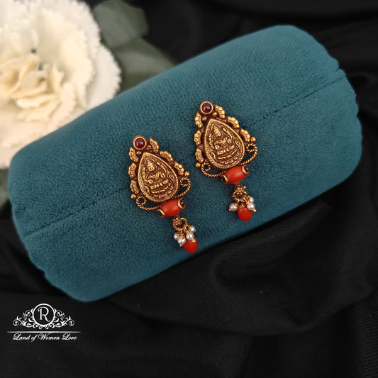 92.5-SILVER LAKSHMI DEVI  CORAL EARRINGS -RCZ1007