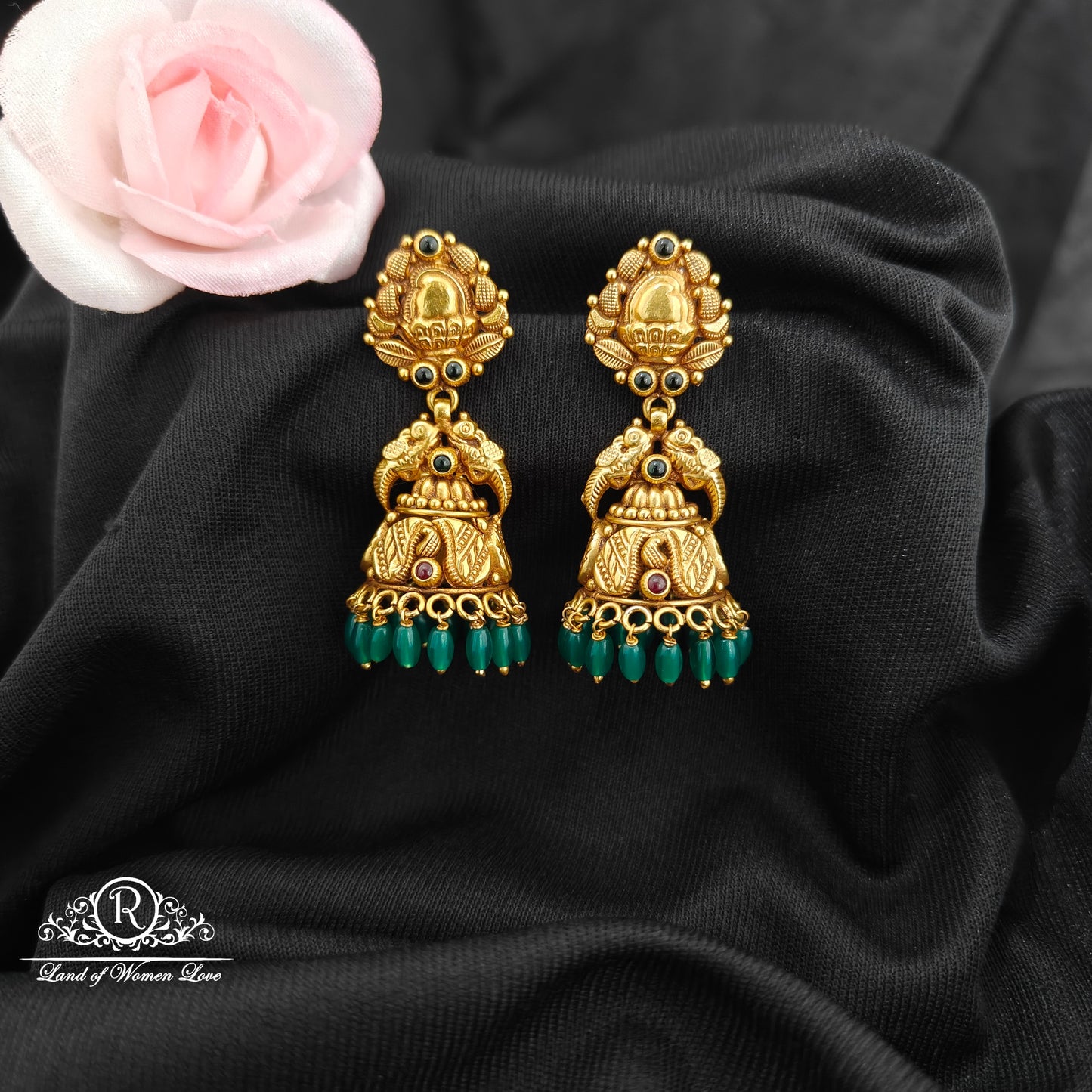 92.5  Silver  jumkas with green beads hanging -RCM1605