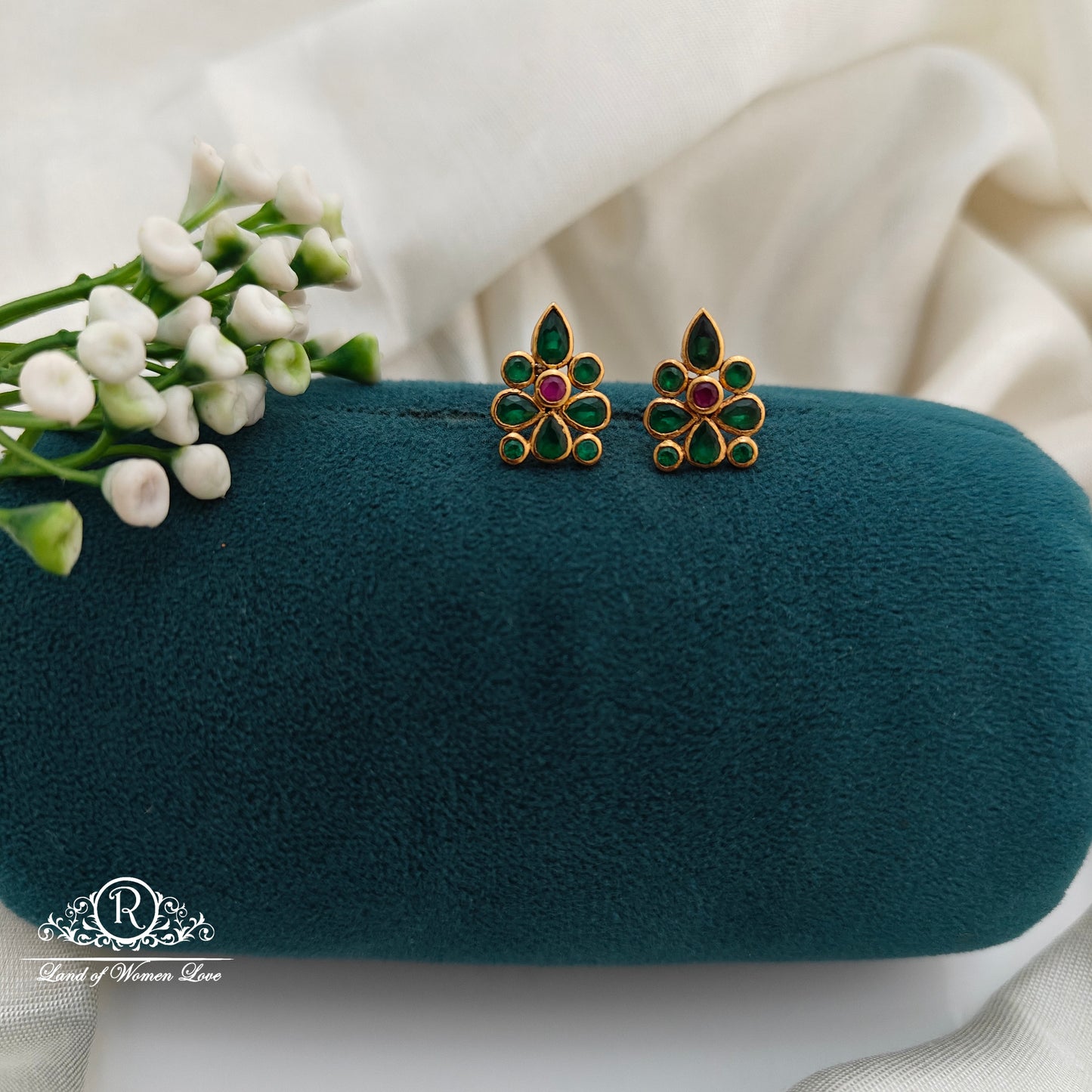 92.5 Silver Small Green Stone  Earrings-RCR038