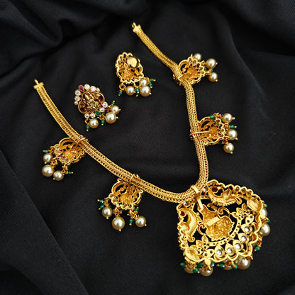 92.5 silver  pachi work Lakshmi Devi design necklace with earrings set-RCMB057