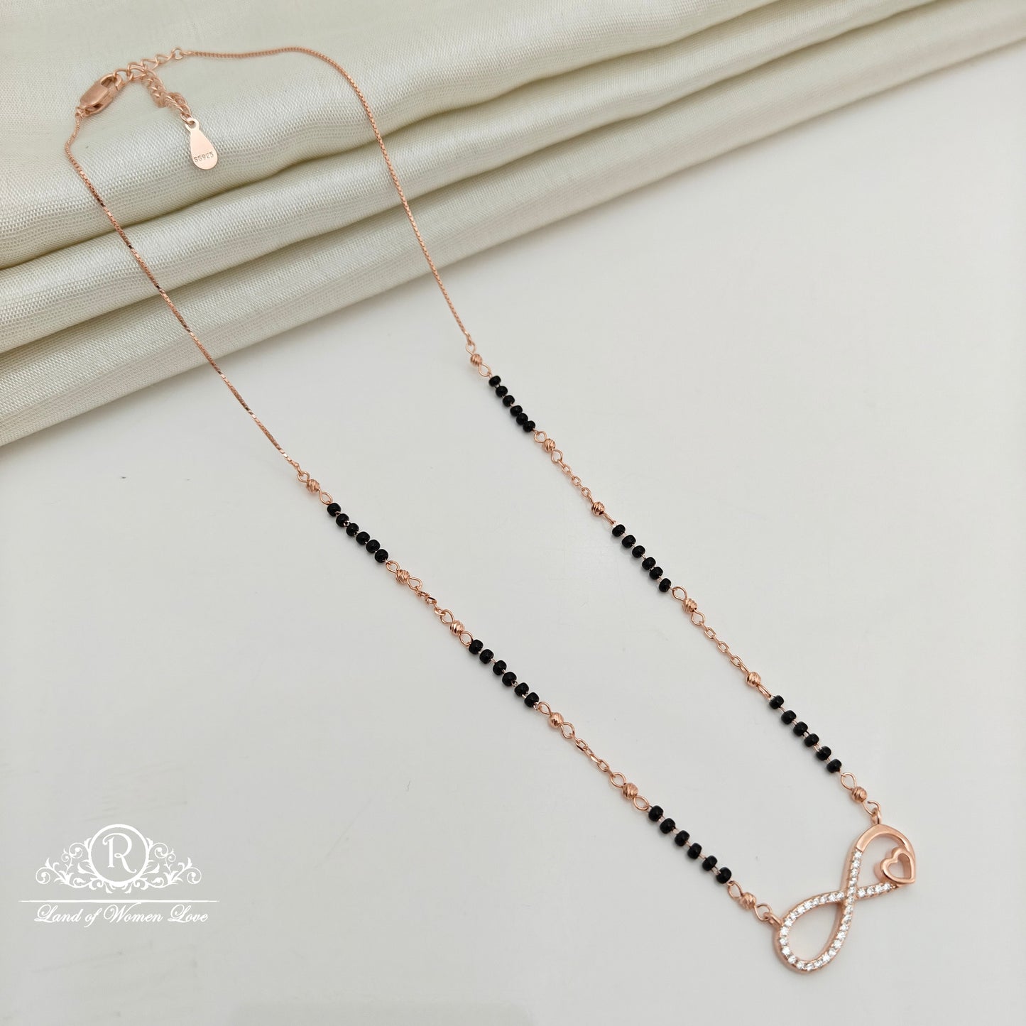 92.5 Silver Rose Gold Polish  Black Beads Chain-RCSS002