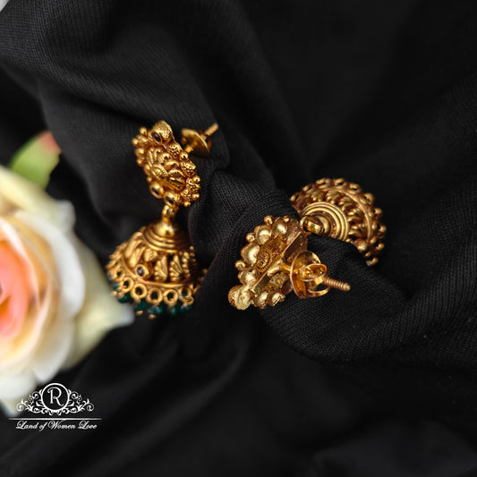 92.5 silver earrings with  nakshi finishing and green beads hangings-RCP236