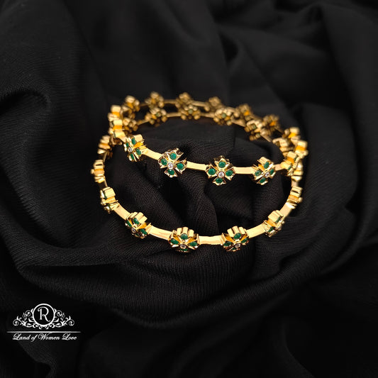92.5-SILVER GREEN STONE FLOWER BANGLES-RCZ985
