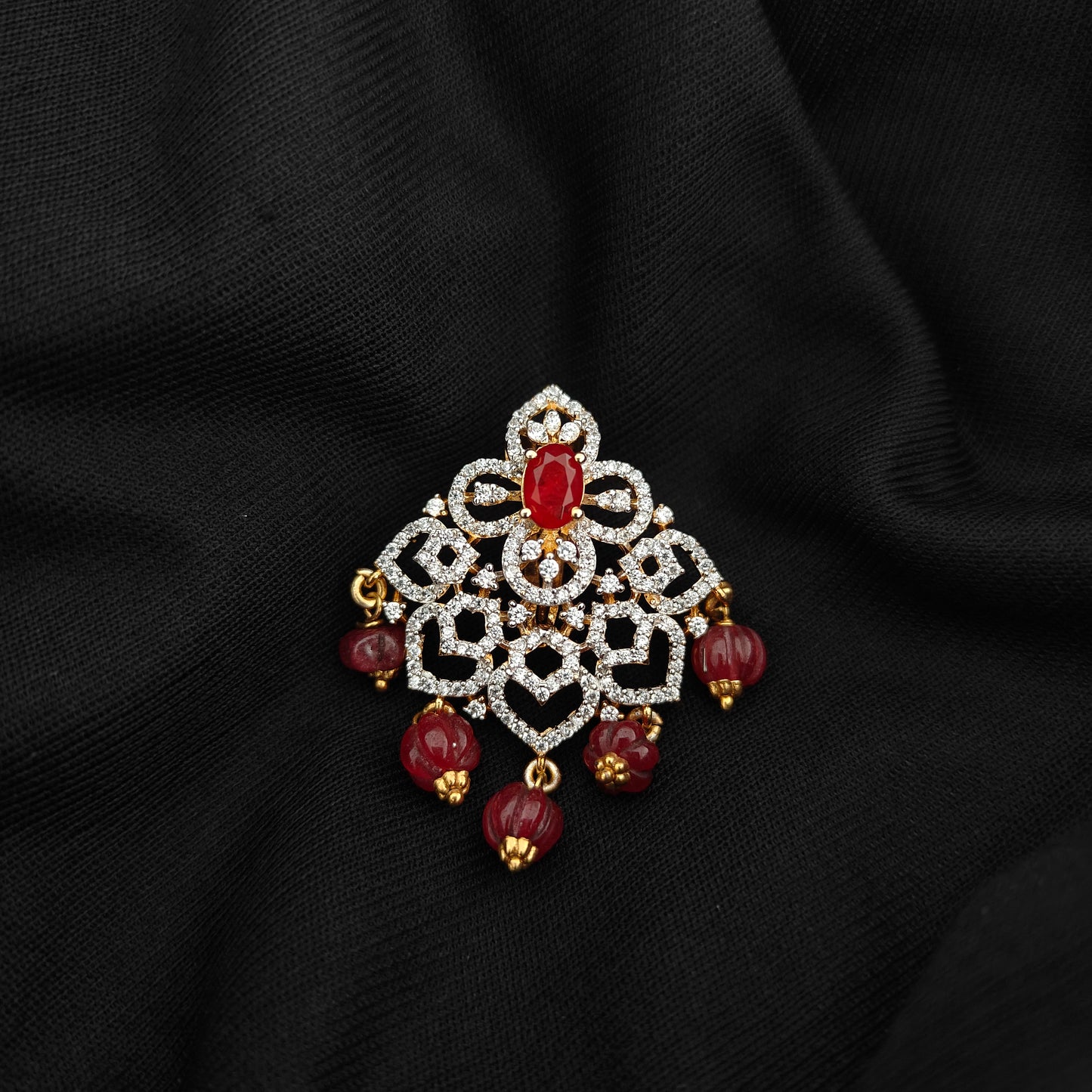 92.5 Silver diamond finishing pendent with ruby stone and beads hangings -RCR112