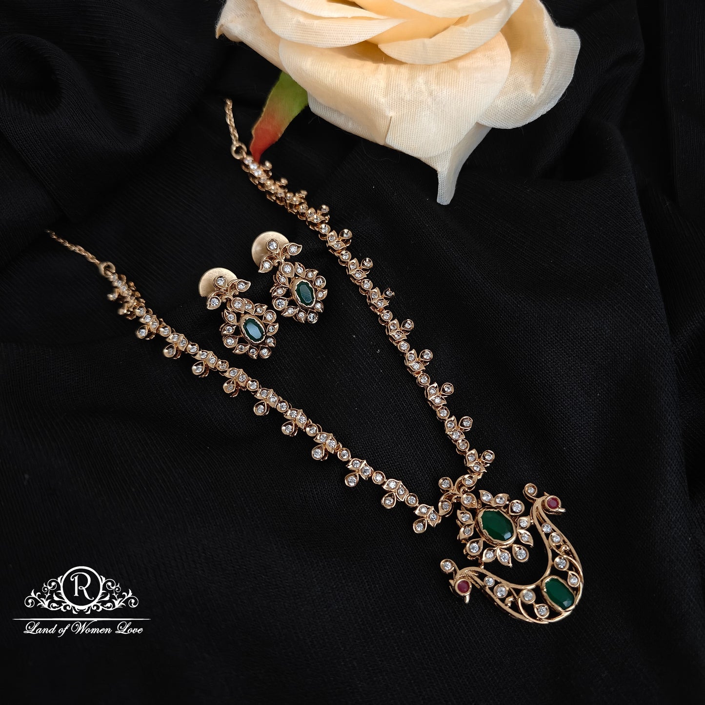 92.5 silver rose gold polish peacock design necklace with earrings set -RCP241