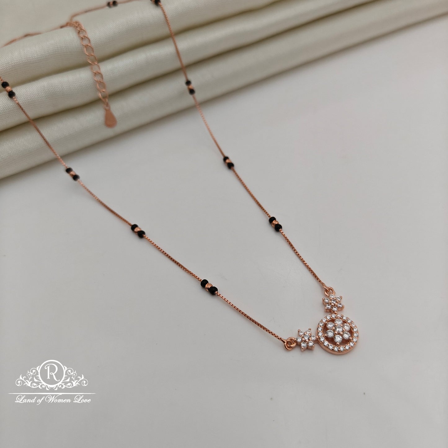 92.5 Silver Rose Gold Polish  Black Beads Chain-RCSS005