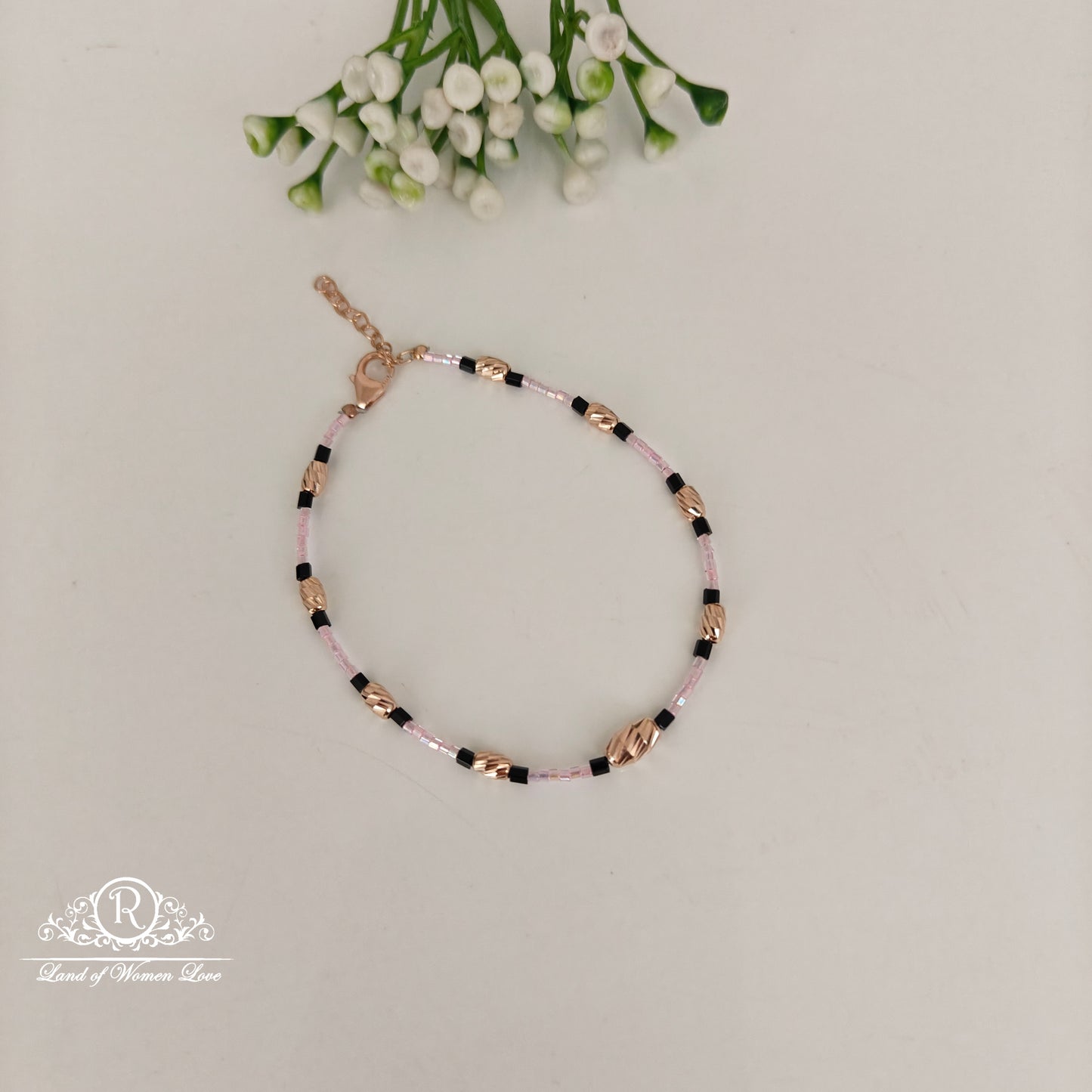 92.5 SILVER ROSE GOLD POLISH BLACK BEADS BRACELET-RCRB62