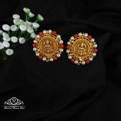 92.5 SILVER LAKSHMI DEVI WITH PEARLAND CORAL  ROUND STUDS-RCJR1084