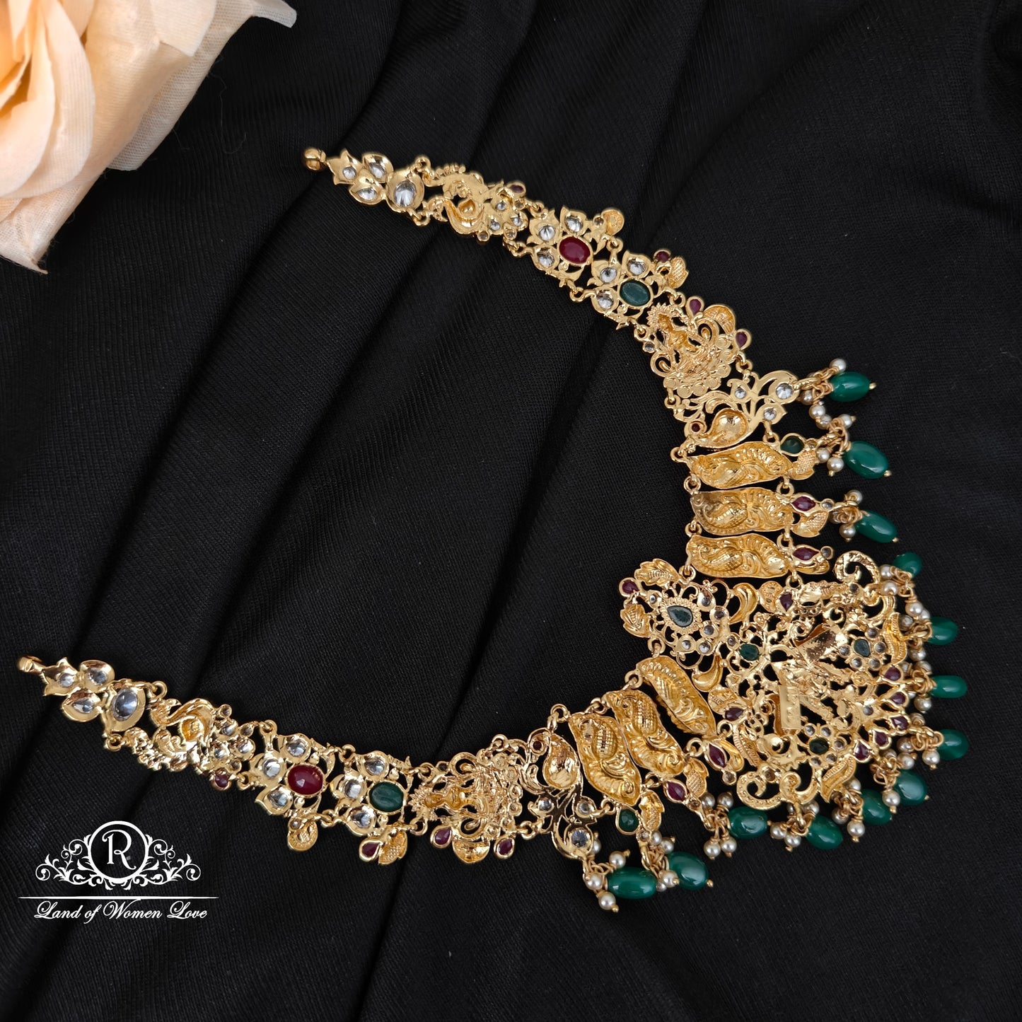 92.5 silver Venkateshwara swamy with peacock design necklace with green beads hangings-RCMB044
