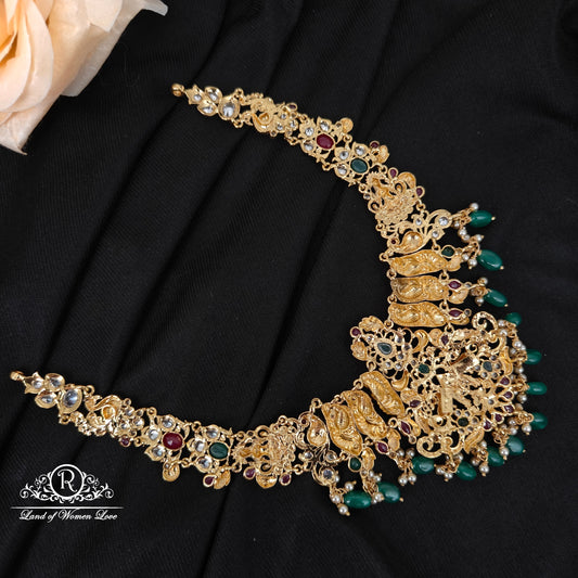 92.5 silver Venkateshwara swamy with peacock design necklace with green beads hangings-RCMB044