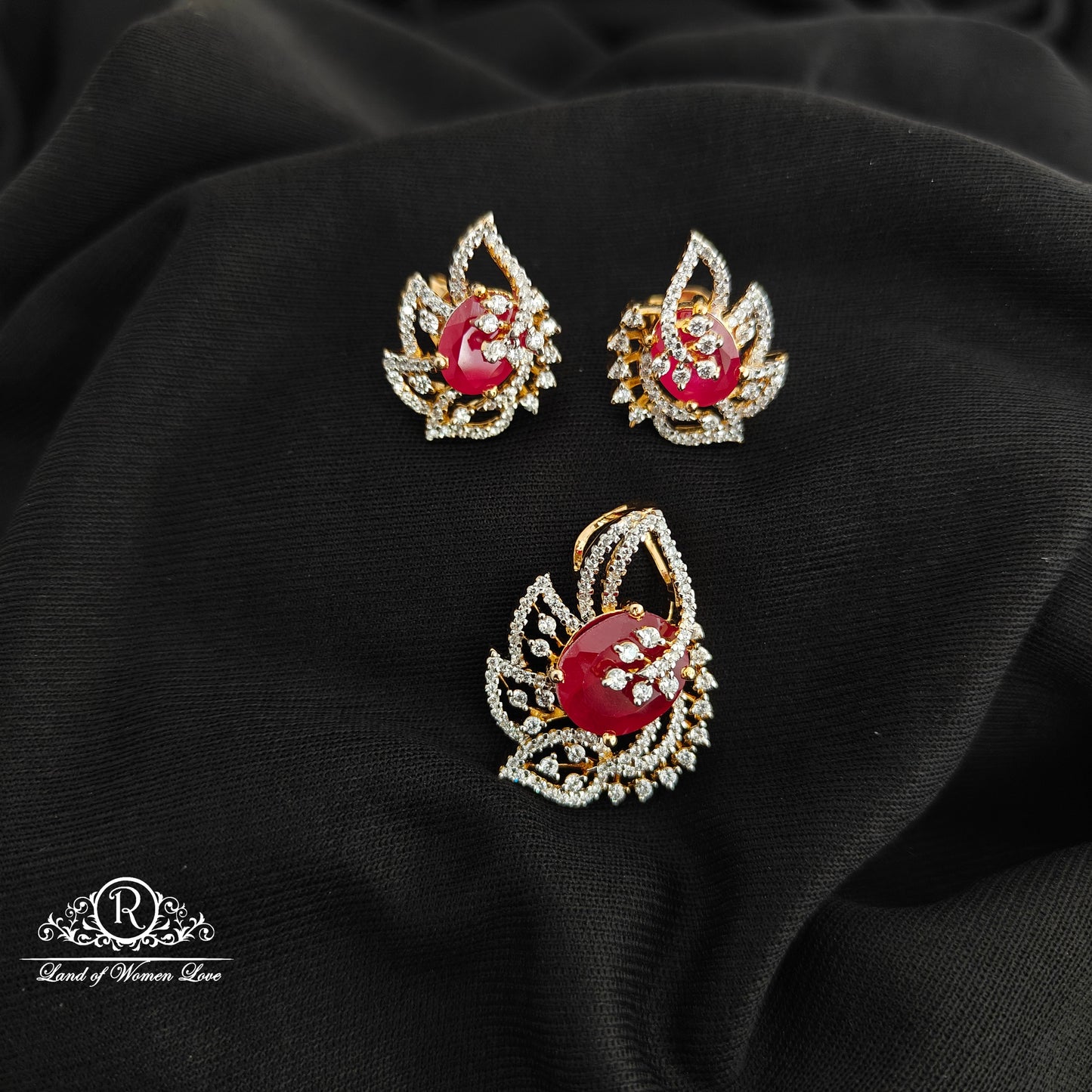 92.5 Silver ruby diamond finishing pendent with earrings -RCSB030