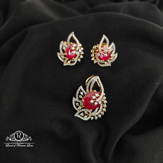 92.5 Silver ruby diamond finishing pendent with earrings -RCSB030