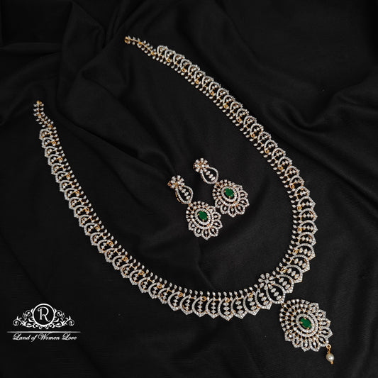 92.5-SILVER DIAMOND FINISHING HARAM WITH EARRINGS SETS-RCZ1085