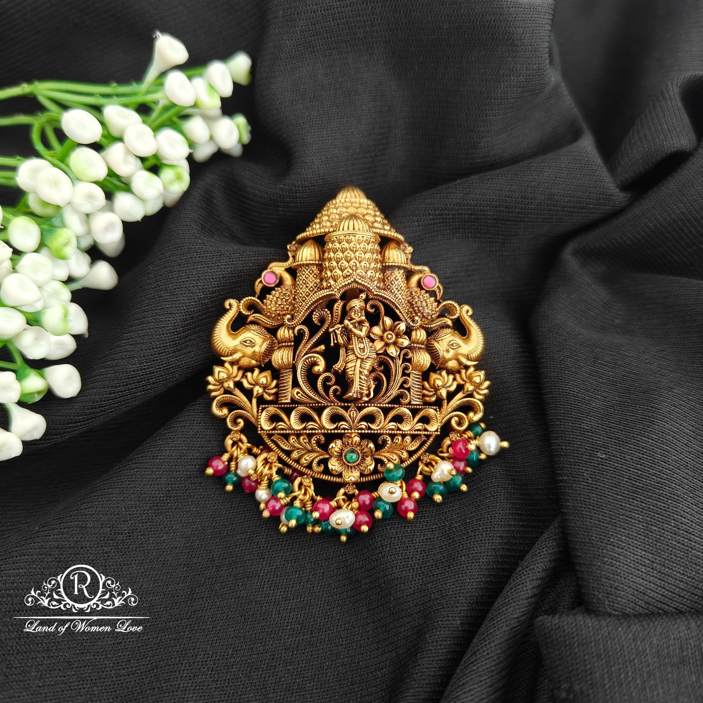 92.5 Silver krishna design pendent with beads hangings-RCR107