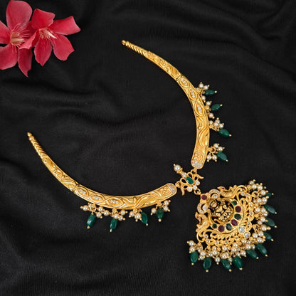 92.5 silver Lakshmi Devi design kante with green and pearls hangings-RCJR1154