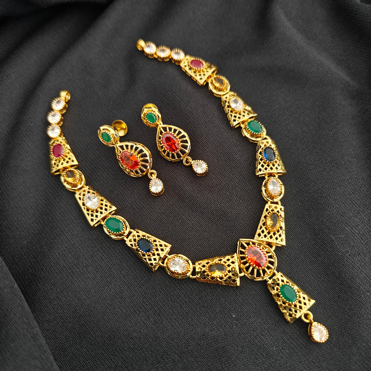 92.5 silver pachi work navaratna design necklace with earrings set -RCMB059