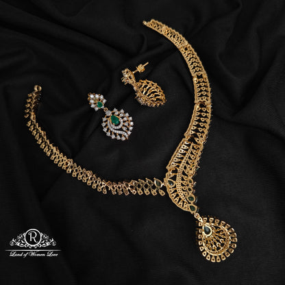 92.5-SILVER DIAMOND FINISHING NECKLACE WITH EARRINGS-RCZ1087